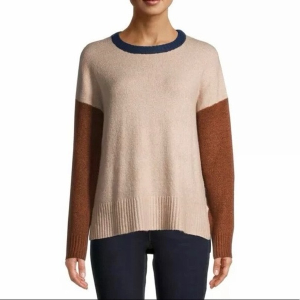 Time and Tru Color Block Crewneck Sweater Women’s Size XXXL Tan Blue Winter